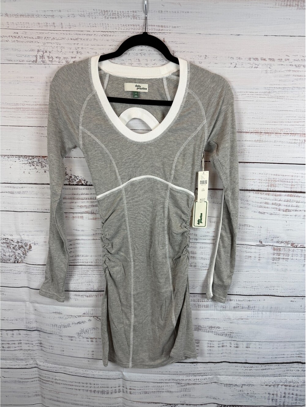 DAILY PRACTICE ANTHROPOLOGIE gray white scoop neck long sleeve dress XXS NWT